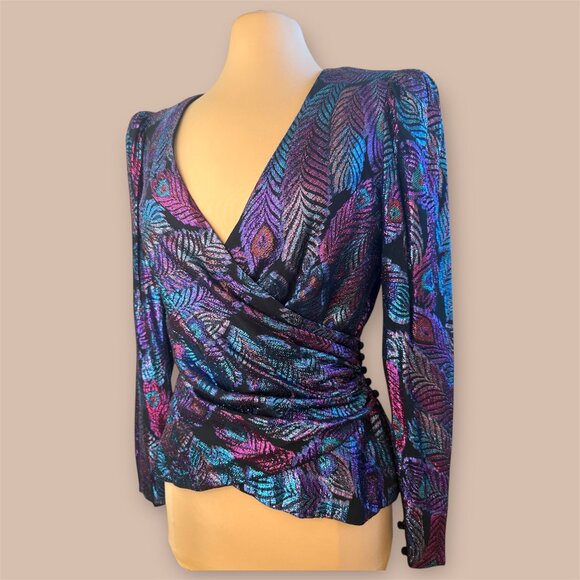 RARE vintage 1980's Rimini peacock Rayon and Metallic wrap top - Picture 4 of 8